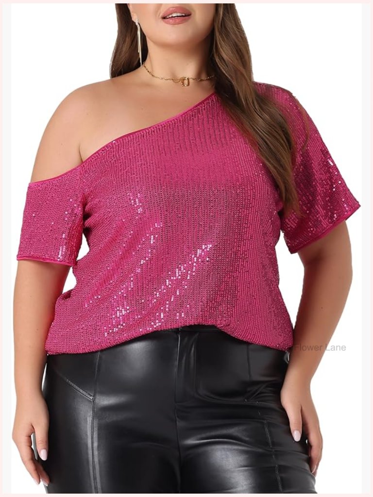 Plus Size One Shoulder Metallic Sequin Blouse Party Top Short Sleeve